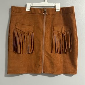 Faux suede brown tassel zip up skirt